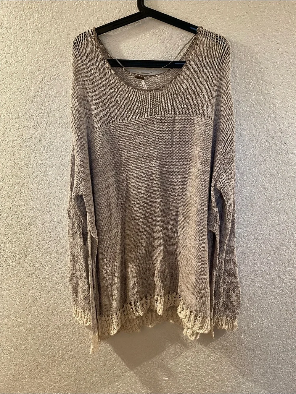 Free People Taupe Open-Weave Scoop Neck Sweater
